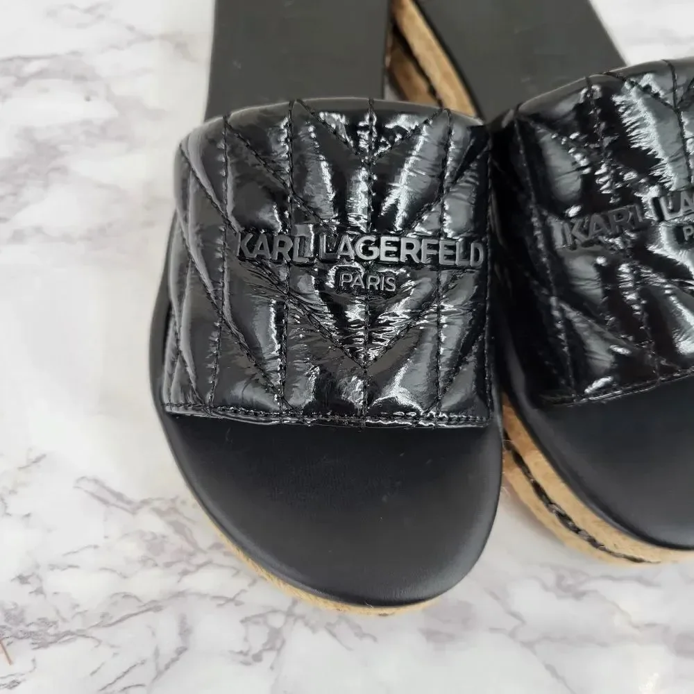 Karl Lagerfeld Kamara Black Quilted Platform Slide Sandals Jute Espadrilles